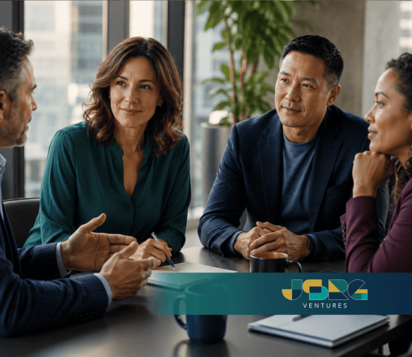 What is a Fractional CMO? Four business leaders in conversation around a table, discussion how a CMO could fit inside a company's leadership team.