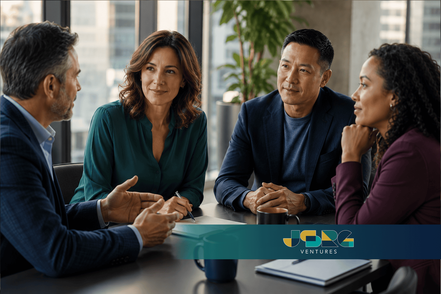 What is a Fractional CMO? Four business leaders in conversation around a table, discussion how a CMO could fit inside a company's leadership team.