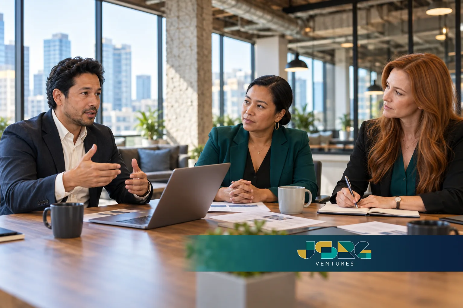 A fractional CMO leads a working session with a CEO and a marketing lead at a conference table in a bright office