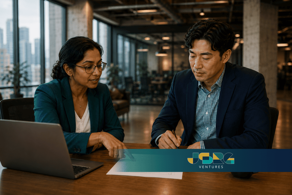 Two executives review a document together at a conference table with a laptop open, working through a marketing leadership decision