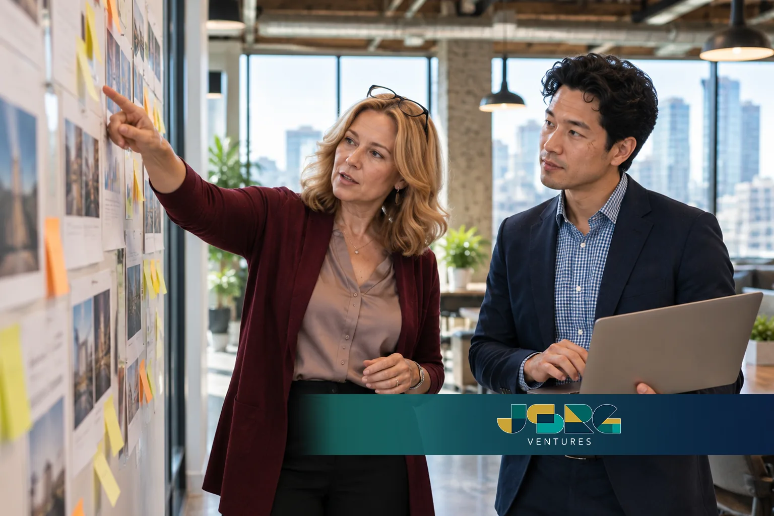 A fractional CMO directs a marketing team member at a wall of campaign plans, setting priorities for the quarter