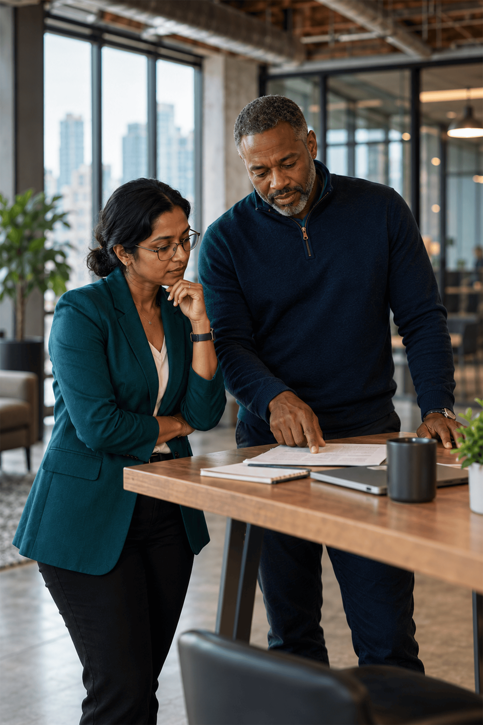 Two colleagues reviewing a vendor checklist together before signing an agreement for fractional CMO services
