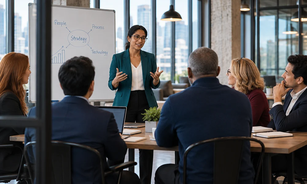 Marketing leader presenting a growth plan to her team, showing what a fractional CMO does to get marketing actually working