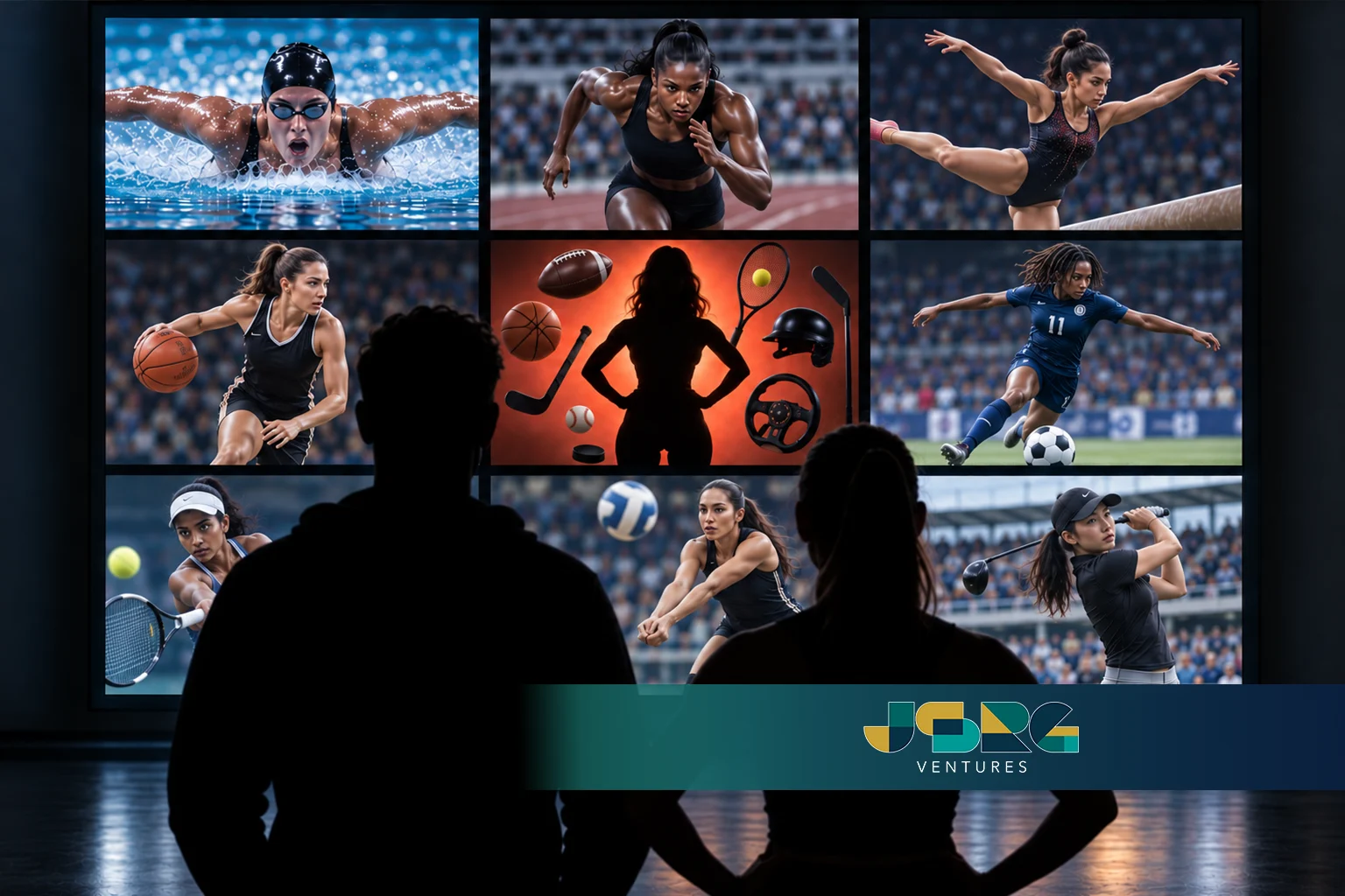 Two silhouetted viewers face a wall of nine video screens; eight show female athletes competing in real sports, while the center screen shows a stylized silhouette in the style of the Novig ad, surrounded by sports equipment