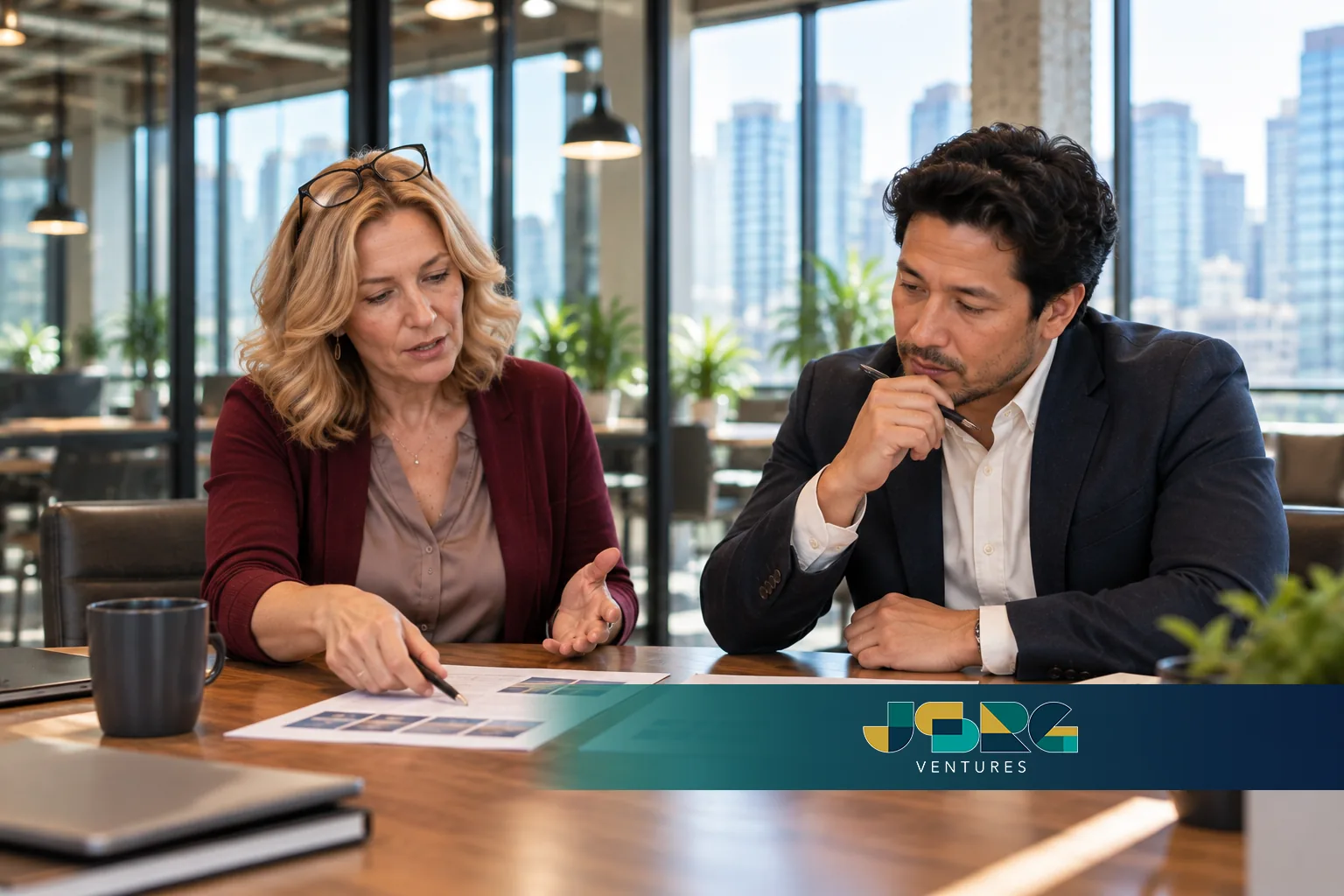 Two executives review a printed proposal together at a conference table, weighing a part-time leadership engagement against a full-time hire