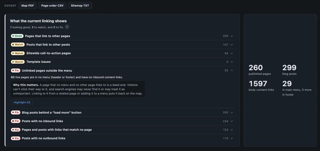 SiteGalaxy scan summary listing linking findings with Good, Watch, and Fix statuses